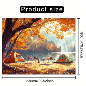 TEMU 1개 초대형 2D 평면 캠핑 배경막 - 가을 호숫가 풍경과 화려한 낙엽, 내구성 폴리에스터 포토 배너 (실내/야외 파티, 생일, 기념일, 홈 & 오피스 데코, 캠핑 장식용), 전기 불필요, 그림 같은 풍경, 간편 설치 패브릭