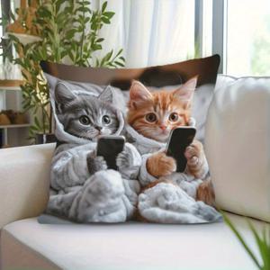 TEMU 1pc 생생한 스타일의 복숭아 플리스 토우 베개 커버, 45x45cm - 카툰 캐릭터 옷 디자인의 귀여운 고양이, 거실 및 침실 장식에 완벽, 기계 세탁 가능, 지퍼 잠금 (베개 삽입 없음), 장식 베개