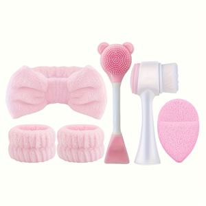 TEMU 6피스 얼굴 클렌징 & 도구 키트 - 부드럽고 순한 각질 제거 브러쉬 포함 완벽한 딥 클렌징 세트, 핑크/베이지/블랙/블루/화이트/그레이 리본, 휴대용 얼굴 마사지기 & 체, 민감성 피부, 블랙헤드 & 화이트헤드용