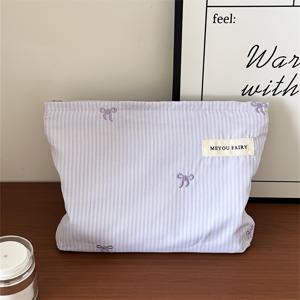 TEMU 젠틀 귀여운 줄무늬 자수 리본 메이크업 백, 립스틱 보관 파우치와 에어 쿠션 터치업 백 포함, 대형 및 소형 사이즈 내부 라이너 가방, 휴대용 여행 화장품 정리함|파우치|트래블보틀|립스틱