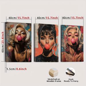 TEMU 액자 포함, 3피스 세트, 캔버스 그림 액자, 핑크 풍선껌 여성, 포스터 및 프린트, 거실, 도서관, 사무실, 카페, 바, 추상 미술, 완벽한 생일, 휴일 선물, 발렌타인데이, 부활절 선물