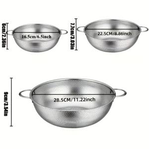 TEMU 마쉬브 3피스 스테인리스 스틸 핸들 있는 스트레이너 세트, 배수 및 헹굼용 미세망 식품 체 - 식기세척기 사용 가능, 파스타, 채소, 쌀, 과일에 적합한 음식물 체와 콜랜더