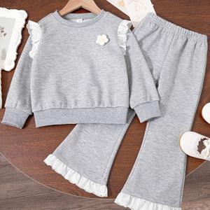 TEMU 여아용 새로운 여름 패션 라운드 넥 레이스 3D 꽃 긴팔 상의 레이스 플레어 바지 2피스 세트, 야외용|여름바지