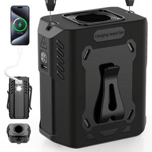 TEMU 허리 팬, USB 충전식 3in1 다기능 전동 선풍기, 공기 송풍 및 조명 기능, 무소음 및 빠른 냉각 바람, 매달린 로프가 있는 세단계 속도 조절 가능한 착용형 허리 팬, 여행 야외 선풍기로 사용