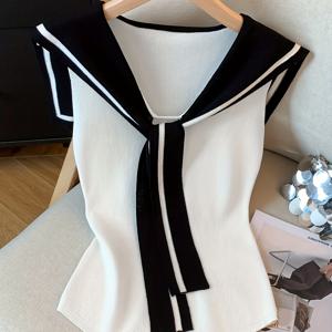 TEMU 프랑스 스타일 해군 칼라 V 넥 아이 실키 섬유 원단 반팔 티셔츠 여성용, 여름 컬러 블록 슬리브리스 베스트, 핏된 숄 탑.