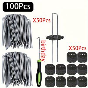 TEMU 50/100 정원 스테이크 + 와셔 세트 - 잔디 배리어 패브릭/잔디 매트 장식용 U자형 아연 도금 지상 고정핀, 야드 건설용 헤비듀티 앵커