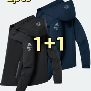 TEMU 2개 세트 남성용 방풍 후드 재킷 - 가벼운 지퍼업 아우터웨어, 탈부착 가능 후드, 캐주얼 스타일, 블루, 야외 활동에 적합, 자켓, 여행복, 스포츠 룩, 내구성 있는 소재, 고품질 제작, 레이어링 피스, 액티브 라이프스타일|스포츠|남자옷