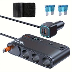 TEMU 신형 228W 원투쓰리 자동차 고속 충전기 | 리트랙터블 케이블 포함 | 퀵 차지 스크린 디스플레이 | PD/QC 3.0 지원 | 독립 스위치 기능 | 범용 멀티포트 어댑터 | 배터리 미포함, 차량용 액세서리 충전기, 고품질 다중 , 전문가용 이동식 충전기