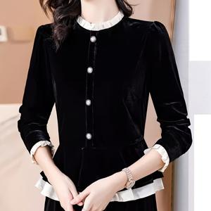 TEMU 여성용 우아한 프렌치 스타일 겨울 긴소매 블라우스 - 라운드넥 & 허리 집게밑단, 소프트 럭스 원단, 화이트 러플 칼라, 블랙 솔리드 컬러, 가을/겨울 레귤러 핏, 캐주얼부터 포멀까지 다재다능 (손세탁 가능)