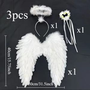 TEMU 천사 의상 액세서리 3개 세트 - 인공 깃털 날개, 요정 지팡이 & 머리띠 - 할로윈, 크리스마스, 생일 파티에 적합 - 할로윈 드레스업 필수품, 크리스마스에 가장 적합
