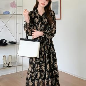 TEMU 여성용 우아한 플로럴 프린트 맥시 드레스 - 포켓이 있는 플로이 A라인 실루엣, 파티, 사무실 및 일상복을 위한 올 시즌 시크한 의상 - 여성용 포멀 & 캐주얼 드레스, 파티 드레스, 오피스룩, 세련된 스타일, 고품질 원단, 여성 원피스, 파티 원피스, 여름 원피스, 포켓 원피스, 플로럴 프린트 원피스