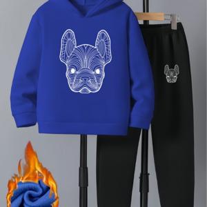 TEMU 2개 세트 - 5-14세용, 프렌치 불독 패턴이 있는 남아용 후드티 & 조거팬츠 (화이트&블랙) / 따뜻한 겨울철 플리스 안감과 탄성 원단으로 제작된 캐주얼 운동복. 야외활동, 체육관 및 일상생활에 적합하며, 기계 세탁 가능. (프렌치 불독을 사랑하는 분들에게 완벽한 선물!)