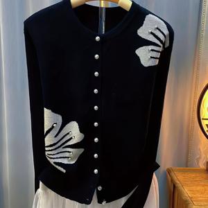 TEMU 여성용 우아한 블랙 & 화이트 플로럴 프린트 재킷 - 긴 소매 라운드 넥 버튼 프론트 카디건 스웨터 코트, 봄/가을용 캐주얼 & 포멀 웨어 (손세탁/드라이클리닝)|가디건