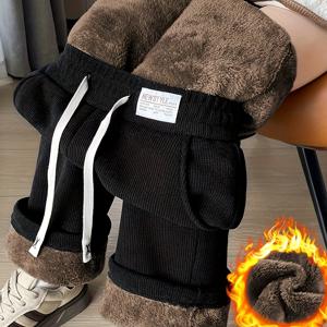 TEMU 여성용 한국풍 겨울 보온 와이드 레그 팬츠 - 풀 기장 플리스 느낌 아우터웨어 팬츠, 포켓 포함, 핏 (없음), 따뜻함 / 한국 스타일 캐주얼 웨어 (가을/겨울) - 드레스와 다양한 매치 가능|여성원피스|가을원피스|드레스