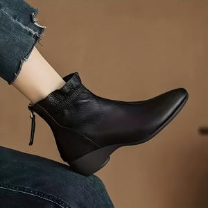 TEMU 웨지 스퀘어 힐 나파 그레인 미드 힐(3-5cm) 숏 윈터 부츠 패션 부츠