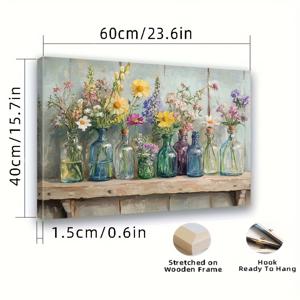 TEMU 1개 야생화 캔버스 벽 예술 컬러풀 유리병 - 거실, 침실, 사무실 장식용 목재 프레임 수평 러스틱 꽃 그림 - 봄 가을 홈 선물 (생일, 데이) - 다양한 사이즈 가능, 꽃 벽 장식, 침실 작품, 장식 아트 프린트, 자연 테마 작품, 고품질 인쇄, 인테리어 디자이너용