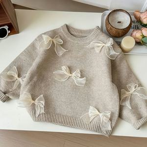 TEMU 소녀용 편안한 베이지 니트 스웨터 - 화이트 리본 디테일, 긴 소매, 라운드 넥, 스트레치 & 부드러운 디자인, 가을 & 봄에 완벽, 캐주얼 플레이풀 디자인, 여아용 스웨터 드레스, 아동 패션, 부드러운 질감