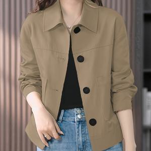 TEMU 여성용 우아한 숏 재킷 - 싱글 버튼 칼라 테일러드 , 스트럭처드 싱글 브레스트 코트, 세탁기 사용 가능 & 주름 방지 소재, 베이지/카멜/탄 색상의 캐주얼에서 포멀까지 어울리는 트렌치 코트, 단색 디자인과 버튼 디테일, 레귤러 핏, 패딩 없음, 봄과 가을에 적합, 여성용 가을 재킷,여성용 코트와 재킷,여성용 가을 코트