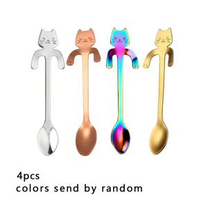 TEMU 4개 창의적인 304 스테인리스 커피 스푼 일본 및 한국 만화 컵 걸이 스테인리스 스푼 귀여운 고양이 교반 스푼 주방 레스토랑 도구