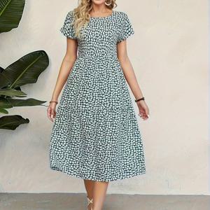 TEMU 플러스 사이즈 여성용 우아한 도트 프린트 루즈핏 미디 드레스 - 통기성 좋은 반팔 라운드넥 여름 캐주얼부터 세미포멀 H라인 실루엣, 플레어드 헴, 내구성 있는 제작, 패션 애호가를 위한 다재다능한 의상