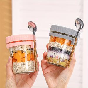 TEMU 2개 350ml/12.32온스 야간 오트 컵과 스푼, 휴대용 유리 샐러드 재스, 아침용 요거트 컵.