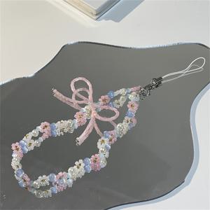 TEMU 한국어 귀여운 리본 꽃 비즈 폰 랜야드 심플리티 짧은 폰 스트랩 스타일 이어폰 백팩 체인 펜던트 액세서리