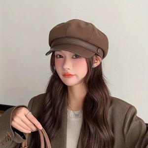 TEMU 여성용 빈티지 일본 스타일 폴리에스테르 베레모 가죽 챙 - 원사 염색 팔각형 뉴스보이 모자, 경량, 비 늘어짐, 학사 파티 및 특별 행사에 이상적