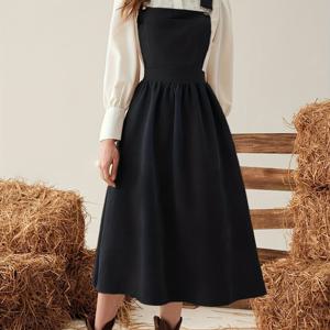 TEMU 여성용 우아한 오프숄더 서스펜더 드레스 - 포켓이 있는 100% 폴리에스터 민소매 A라인 미디 드레스, 캐주얼 및 정장 행사용 기계 세탁 가능 솔리드 컬러|민소매원피스