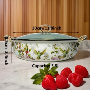 TEMU 조이풀 에나멜 수프 & 해산물 냄비 - 대용량, 꽃 & 새 디자인, 골드 트림, 화이트 베이스, 가스 & 인덕션 요리용 다기능 핫팟, 뚜껑 & 손잡이 포함, 30cm