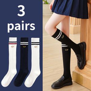 TEMU 여성용 일본식 JK 스타일 양말 3켤레 - 자수, 탄력 있는 리브드 커프스, 가을/겨울용 소프트 폴리에스터, 네이비/화이트/블랙, 계절 착용, 장식 자수, 고품질 자수 디테일