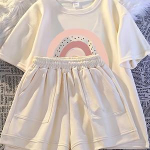 TEMU 2pcs 2025 뉴 여성 소녀 캐주얼 여름 반팔 티셔츠와 반바지 세트, 한국 버전, , 폴리에스터 100%, 루즈핏, 헴, 풀로버 플랙, 크루 넥, 반팔, 정규 슬리브, 약간의 스트레치 재질, 어린이를 위한, 야외용