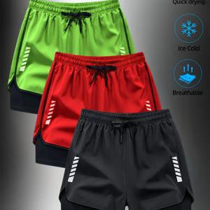 TEMU 3pcs 남성용 빠른 건조 운동 반바지, 반사 줄이 있는 이중 레이어 디자인으로 달리기 및 피트니스에 적합, 수건 루프 포함 - 블랙, 그레이, 텔