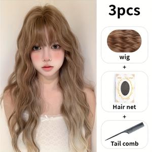 TEMU 3개 세트 가발 + 헤어넷 + 빗 고온 섬유 가발, 여성용 긴 곱슬 그라데이션 컬러 스타일 일상 활동, 파티, 할로윈, 크리스마스, 대형 이벤트용 패셔너블 스타일링