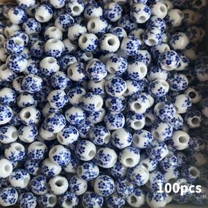 TEMU 100개 8mm 파란색 & 흰색 난초 세라믹 비즈 - 정저현 도자기, 섬세한 꽃무늬 디자인, 우아한 화이트 유약 & 매끄러운 마감 DIY 주얼리 만들기용, 팔찌, 목걸이, 홈 크래프트 - 내구성 있는 장인 기술, 주얼리 제작용 비즈, 전통 예술, 수공예 비즈
