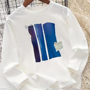 TEMU 소년용 긴팔 티셔츠 - 흰색 베이스에 파란색 세로 줄무늬, 매일 및 정장 착용을 위한 중간 신축성 원단 - 봄/가을 계절용 기계 세탁 가능 키즈 탑, 소년 셔츠, 기하학 패턴 셔츠, 비투명 소재