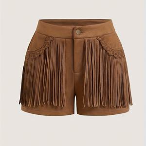 TEMU 여성용 빈티지 브라운 프린지 반바지 - 비침 방지 소재, 사이드 프린지 디자인, /컨서트/비치파티용 - 봄/여름/가을 캐주얼 패션, 페스티벌 & 휴가 팬츠, 레트로 감성, 품질 좋은 스티칭, 명작 아이템, 보호 애호가를 위한 기념품