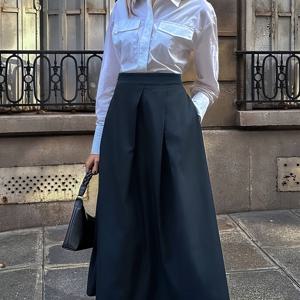 TEMU 여성용 우아한 A라인 스커트 - 사이드 포켓 디자인, 넓은 스윙 스타일 프로페셔널 & 세미포멀 웨어, 네이비 블루 단색 올시즌 멀티스커트, 기계세탁 가능 사무실 및 세미포멀 착용