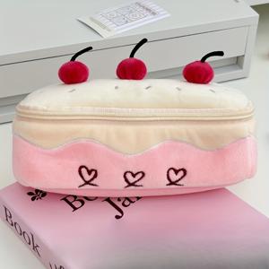 TEMU 체리 케이크 플러시 펜 케이스 - 핑크 연필 & 메이크업 파우치 대용량 휴대용 정리함 여행용 데스크 - 귀여운 카툰 디자인 케이크 & 벚꽃 데스크 정리함|필통