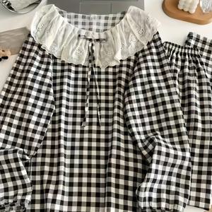 TEMU 가을 대비 레이스 라운드넥 긴팔 여성용 파자마 세트, 봄·가을용 홈웨어 체크무늬 성인 수면복