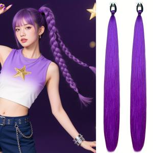 TEMU MERISIHAIR 여성용 파스텔 퍼플-핑크 그라데이션 롱 포니테일 가발, 땋은 합성 머리 - 탄성 포니테일 클립인/클립온 헤어피스, 애니메이션, K-Pop, 파티용 (접착제/봉제 필요 없음)