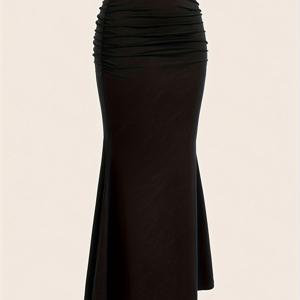 TEMU 우아한 여성용 블랙 러치드 미디 스커트, 머메이드 헴 - 하이웨이스트, 다용도 & 스타일리시, 폴리에스테르, 세탁기 사용 가능 - 봄/여름/가을 행사에 완벽