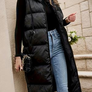 TEMU 여성용 우아한 프렌치 스타일 지퍼 후드 조끼 - 미디엄 길이 겨울 코트, 사선 포켓 & 조절 가능한 드로스트링, 솔리드 블랙 논스트레치 원단 가을&겨울 레이어링, 여성 겨울 코트