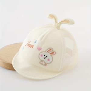 TEMU 남녀 어린이를 위한 여름용 유아 모자, 유아 태양 모자, 신생아 태양 모자, 0-6 개월을 위한 통기성 있는 야구 모자, 매직 테이프로 조절 가능한 청소년 모자, 자수된 토끼 장식|여름모자