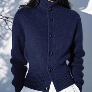 TEMU 여성용 우아한 네이비 블루 하이넥 긴팔 가디건 - 버튼 프론트, 중간 신축성 & 포켓 디자인, 봄/가을 사무실 출근 또는 캐주얼 룩에 어울리는 귀여운 스웨터, 내구성 있는 니트웨어