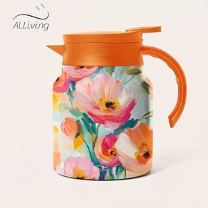 TEMU 33oz 화려한 스테인레스 스틸 보온 보냉 물병, 이중 벽 진공, 316 스테인레스 스틸 코팅, 실리콘 O-링 밀봉, V자 모양의 뚜껑, 식품 등급 PP 뚜껑 및 스테인레스 스틸 메쉬 필터 - 화려한 핑크 및 오렌지 꽃 디자인, 음료를 뜨겁거나 차가운 상태로 몇 시간 동안 유지, 가정, 사무실 또는 이동용으로 이상적인 물병