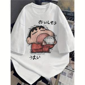 TEMU 미국 트렌디 브랜드 남성용 헤비웨이트 크레옹 그래픽 반팔 티셔츠 - 일본어 텍스트 & 만화 프린트, 블랙 스포티 스타일 셔츠, 루즈핏 여름 캐주얼 티, 편안한 일상복, 통기성 원단, 스트리트웨어 애호가를 위한 내구성 있는 디자인