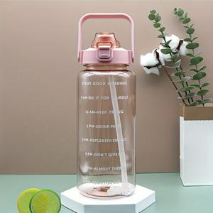 TEMU 짚이 포함된 2 리터 물병, 여성용 대형 휴대용 여행용 병, 시간 척도가 있는 스포츠 피트니스 컵