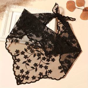 TEMU 1개 여성용 우아한 블랙 & 화이트 레이스 같은 플로럴 스카프 - 프릴 장식 삼각 숄, 웨딩 게스트, 파티, 데이트용 부드러운 블라우스 액세서리 - 다용도 넥 랩 & 헤어 타이 (손세탁 가능)