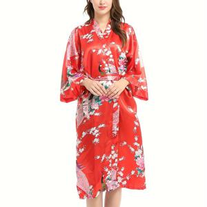 TEMU 핀턱과 꽃무늬가 있는 새틴 잠옷, 일본 스타일의 벨 소매 V넥 기모노 잠옷과 벨트, 여성용 잠옷