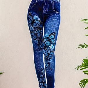 TEMU 방향성 스타일 하이웨스트 탄력 있는 나비 프린트 인조 청바지 여성 레깅스 패션 캐주얼 하이웨스트 팬츠 소프트 포켓 아우터웨어 스키니 팬츠